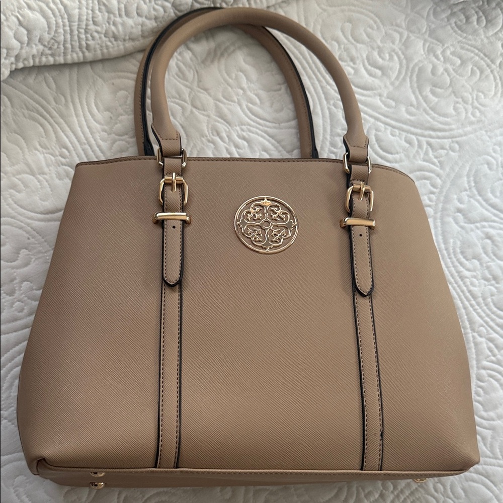 Women's Tan Structured Tote Handbag with Gold Hardware